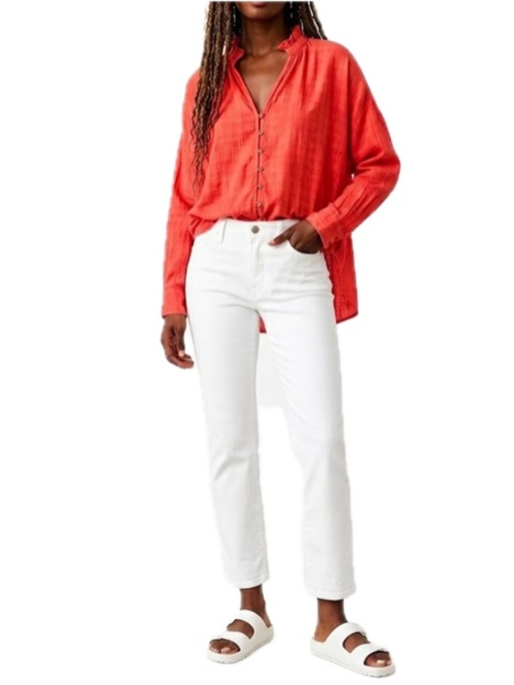 Anthro Pilcro Tavi Oversized Textured Cotton Blouse Small Coral Red Top EUC